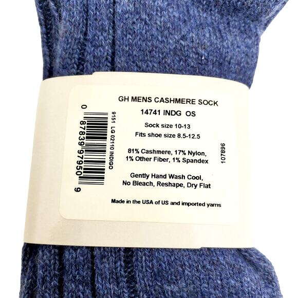 Mens Ribbed 81% Cashmere Mid Calf Socks 10-13 Warm Cozy Garnet Hill Indigo Blue - Picture 3 of 6